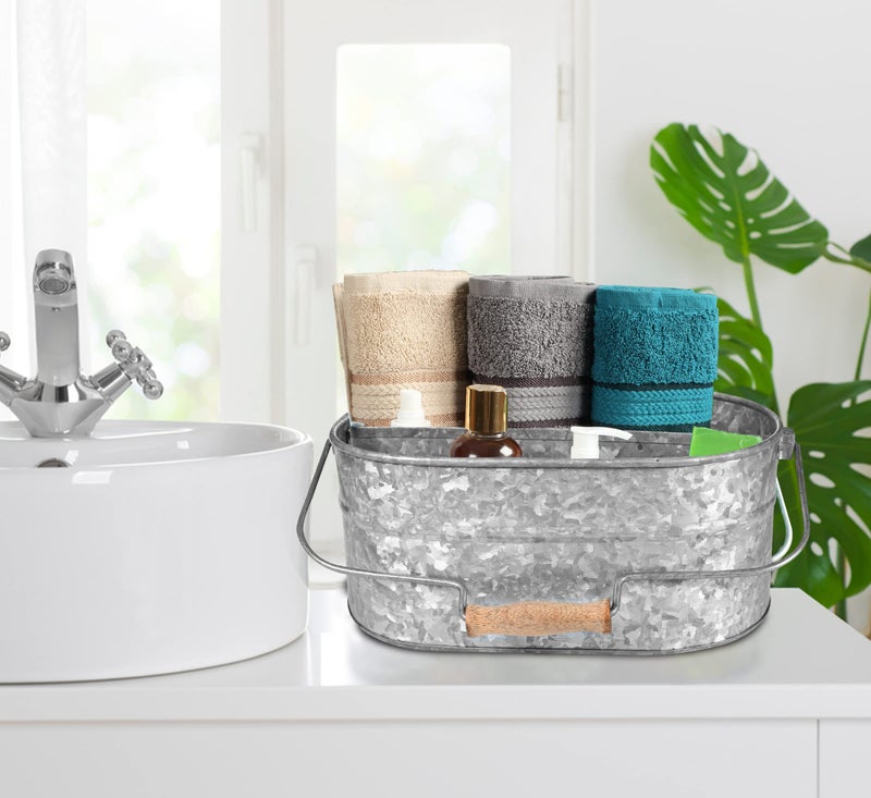 Light & Pro Multipurpose Galvanized Rustic Farmhouse Caddy - Metal 4 Compartment Storage Bin Caddy With Wooden Handle Perfect For Kitchen Utensils, Picnic, Garden Planter - Hammered - Antique Grey - Image 2